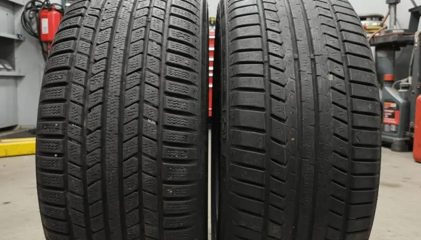 Deux pneus côte à côte : l'un avec un profil profond et lamellisé pour l'hiver, l'autre plus lisse. Apprenez à reconnaître pneu hiver et 4 saisons.