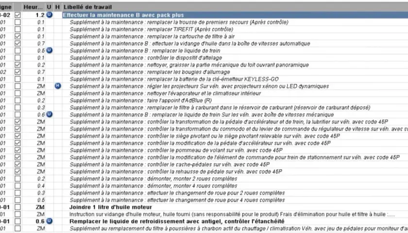 Carnet d'entretien Mercedes GLA 200 : liste des opérations de maintenance, vidange, remplacement de filtres, contrôle des systèmes.
