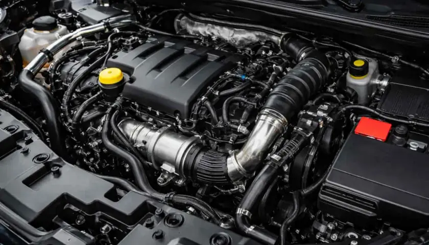 Gros plan sur un moteur TSI moderne, avec ses composants complexes et son design épuré.