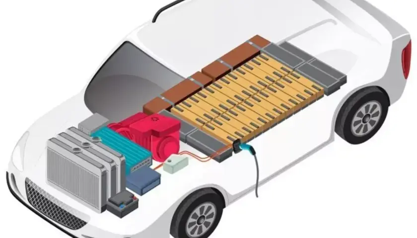 Vue éclatée d'une voiture électrique montrant le bloc de batterie, le moteur et le radiateur. La batterie voiture electrique est le cœur de ce véhicule propre.