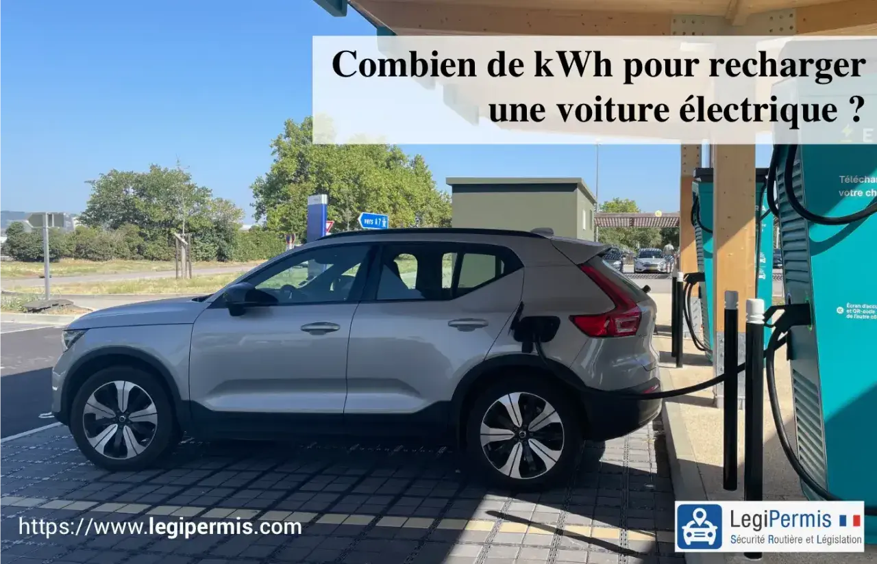 Une voiture électrique grise est branchée à une borne de recharge. La question "Combien de kWh pour recharger une voiture électrique ?" est affichée.