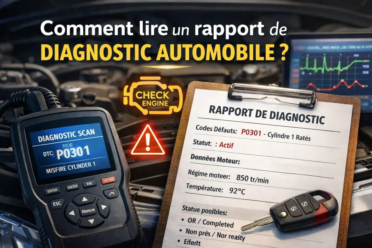 Un rapport de diagnostic automobile affiche un code d'erreur P0301. L'outil de diagnostic et une clé de voiture sont visibles, prêts à aider à passer la valise voiture.