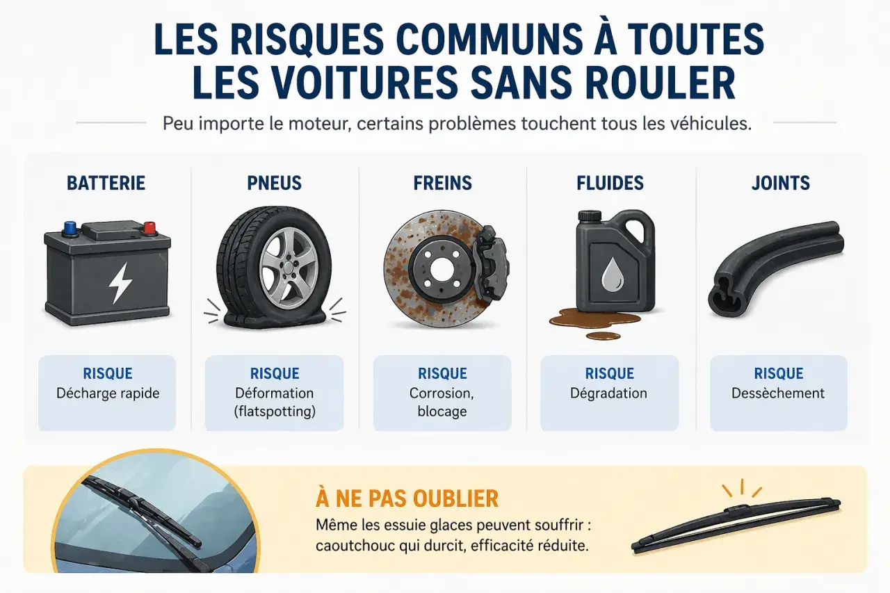 Risques des voitures sans rouler : batterie, pneus à plat, freins rouillés, fluides dégradés, joints secs. Combien de temps une voiture peut rester sans rouler ?
