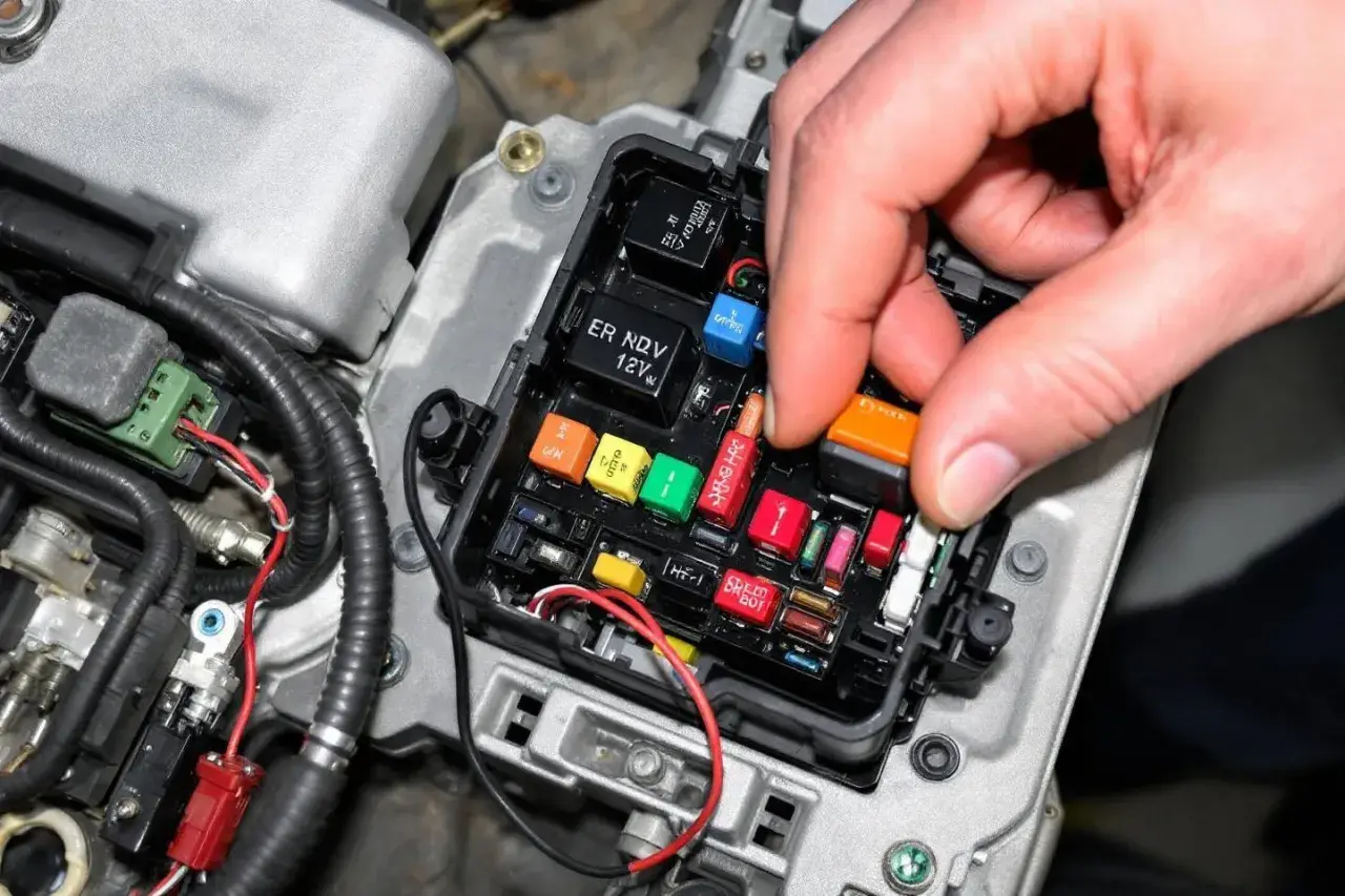 Main de personne retirant un fusible orange d'une boîte à fusibles de voiture. Cela fait partie de la procédure pour comment tester un relais de voiture.