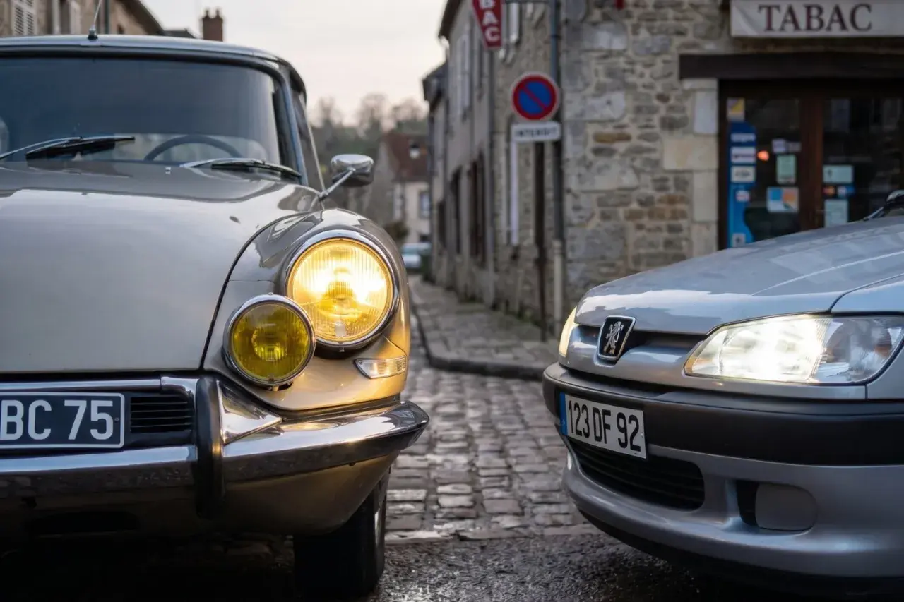 Deux voitures, une ancienne et une moderne, se font face dans une rue pavée de France. Les phares blancs de la Peugeot éclairent la scène, contrastant avec les phares jaunes de la Citroën.