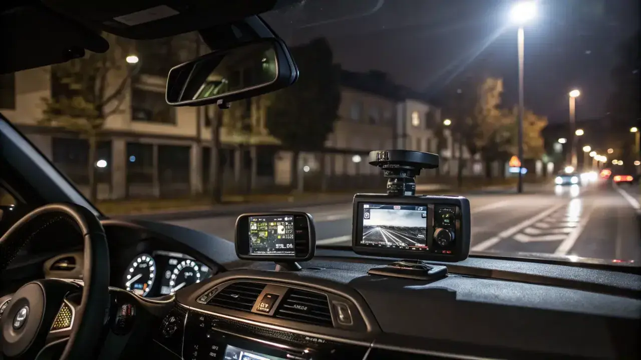 Vue de nuit depuis l'intérieur d'une voiture, avec deux appareils sur le tableau de bord : un GPS et un dispositif réfléchissant pour voiture, probablement une dashcam.
