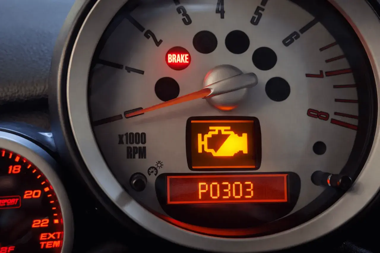 Voyant moteur allumé sur un tableau de bord, indiquant un problème P0303. Le voyant "BRAKE" est aussi allumé.