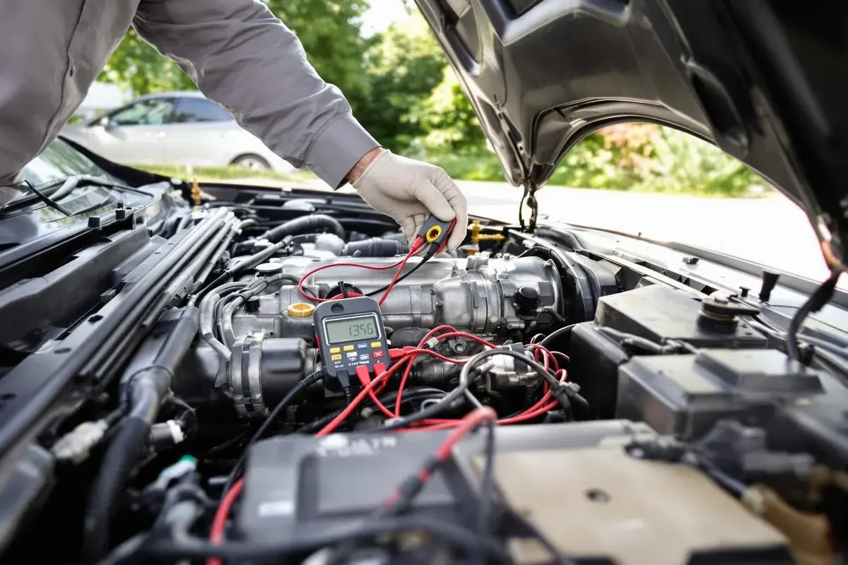 Mécanicien vérifiant le moteur d'une voiture avec un multimètre, diagnostiquant un possible problème démarreur voiture.