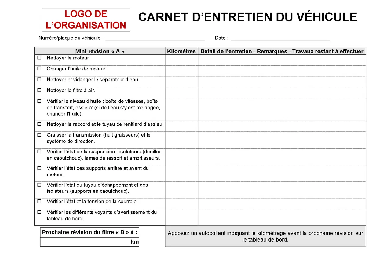 Modèle fiche suivi entretien véhicule : liste des vérifications pour la mini-révision "A", avec champs pour kilométrage et détails.