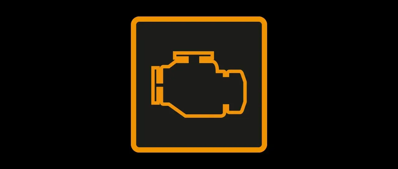 Icône orange d'un moteur stylisé sur fond noir. Ce symbole indique pourquoi le voyant moteur s'allume, signalant un problème potentiel.