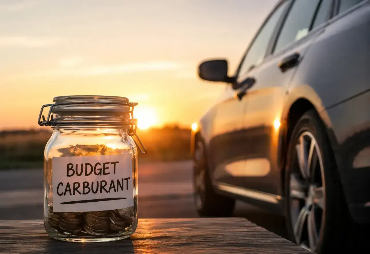 Bocal rempli de pièces, étiquette "Budget Carburant", à côté d'une voiture au coucher du soleil. Idéal pour économiser sur le tarif entretien GPL.