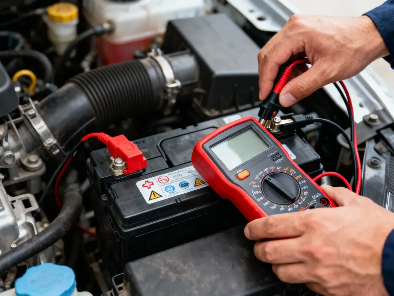 Main tenant une pince multimètre rouge pour comment tester l'ampérage d'une batterie de voiture.