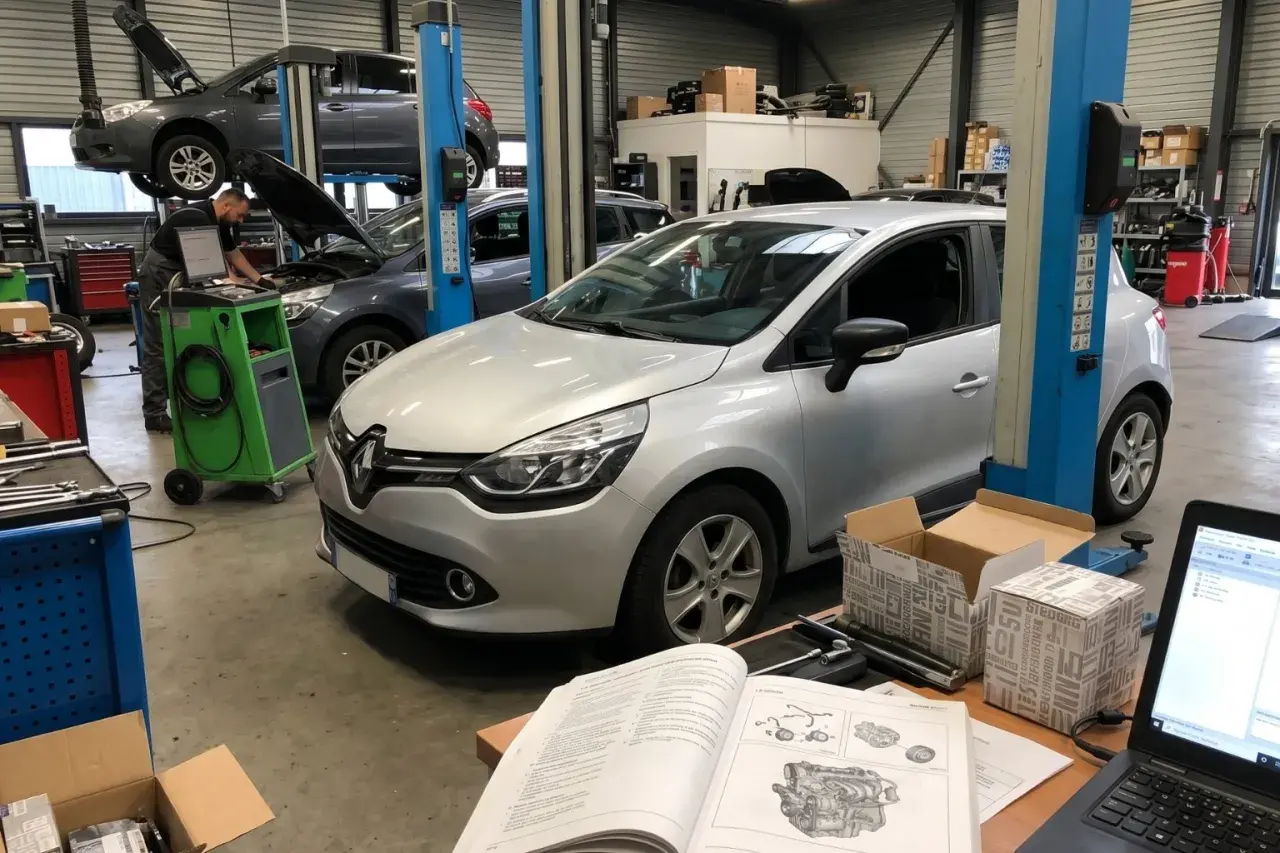 Dans un garage, un mécanicien travaille sur la distribution d'une Clio 4 argentée. Une autre voiture est levée sur un pont.