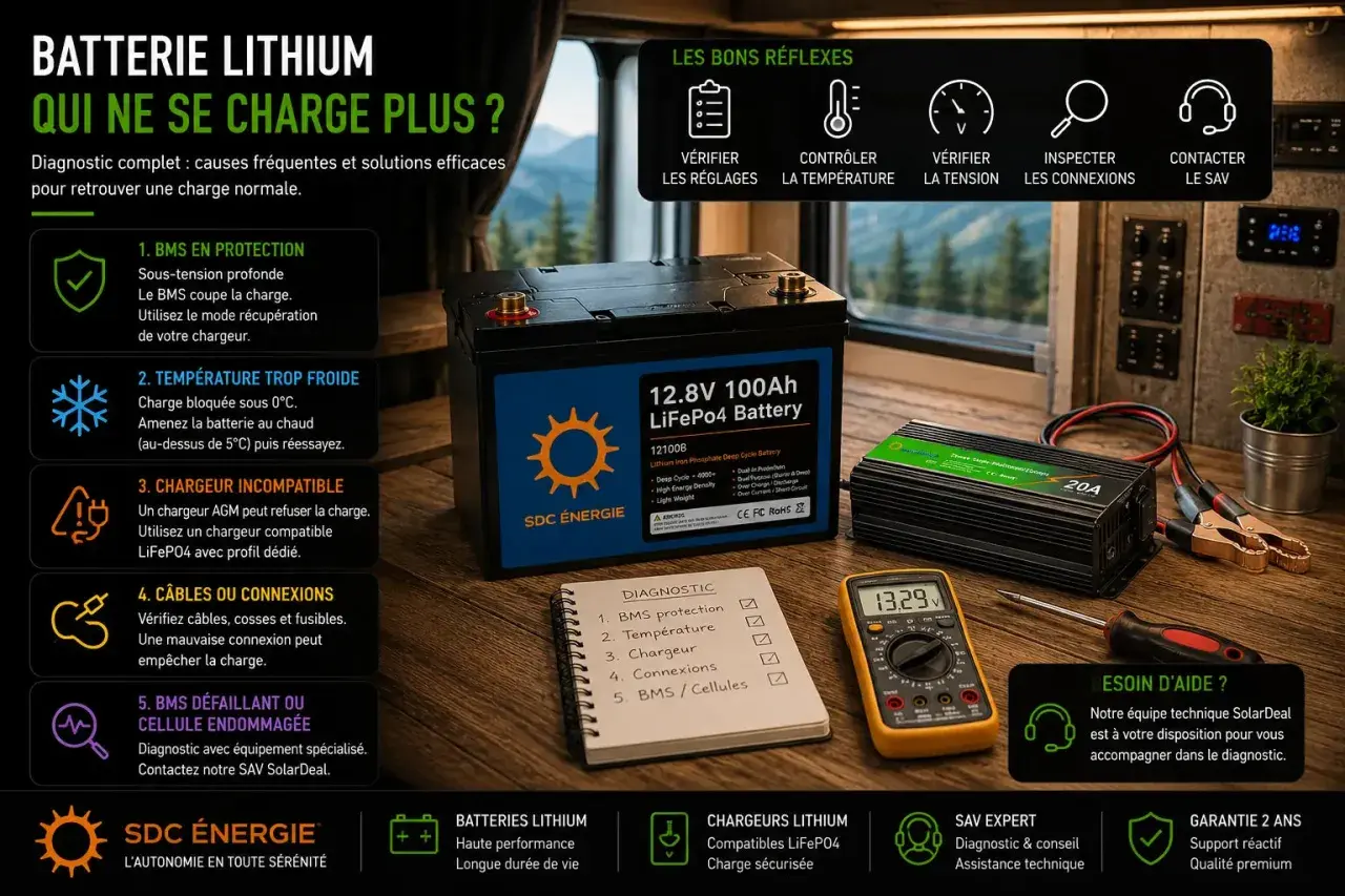 Ma batterie ne charge plus ? Diagnostic des causes courantes : BMS, température, chargeur, connexions ou cellule endommagée. Solutions et aide SAV.