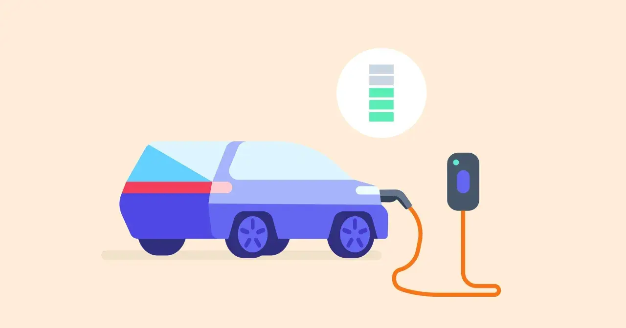 Voiture électrique branchée à une borne de recharge, avec un indicateur de niveau de charge des batteries.