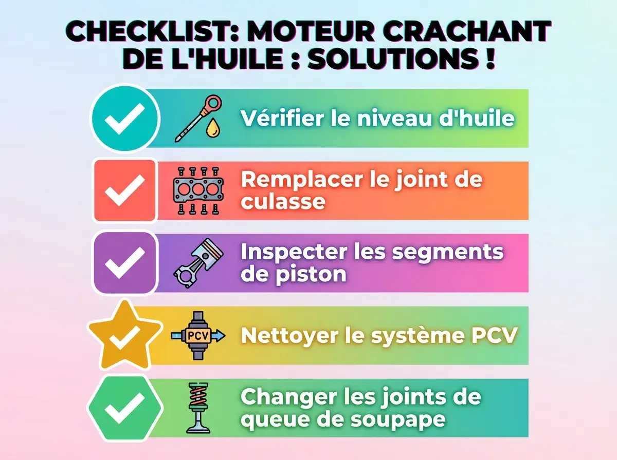 Checklist pour un moteur qui crache de l'huile : vérifier le niveau, remplacer le joint de culasse, inspecter les segments, nettoyer le système PCV, changer les joints de soupape.