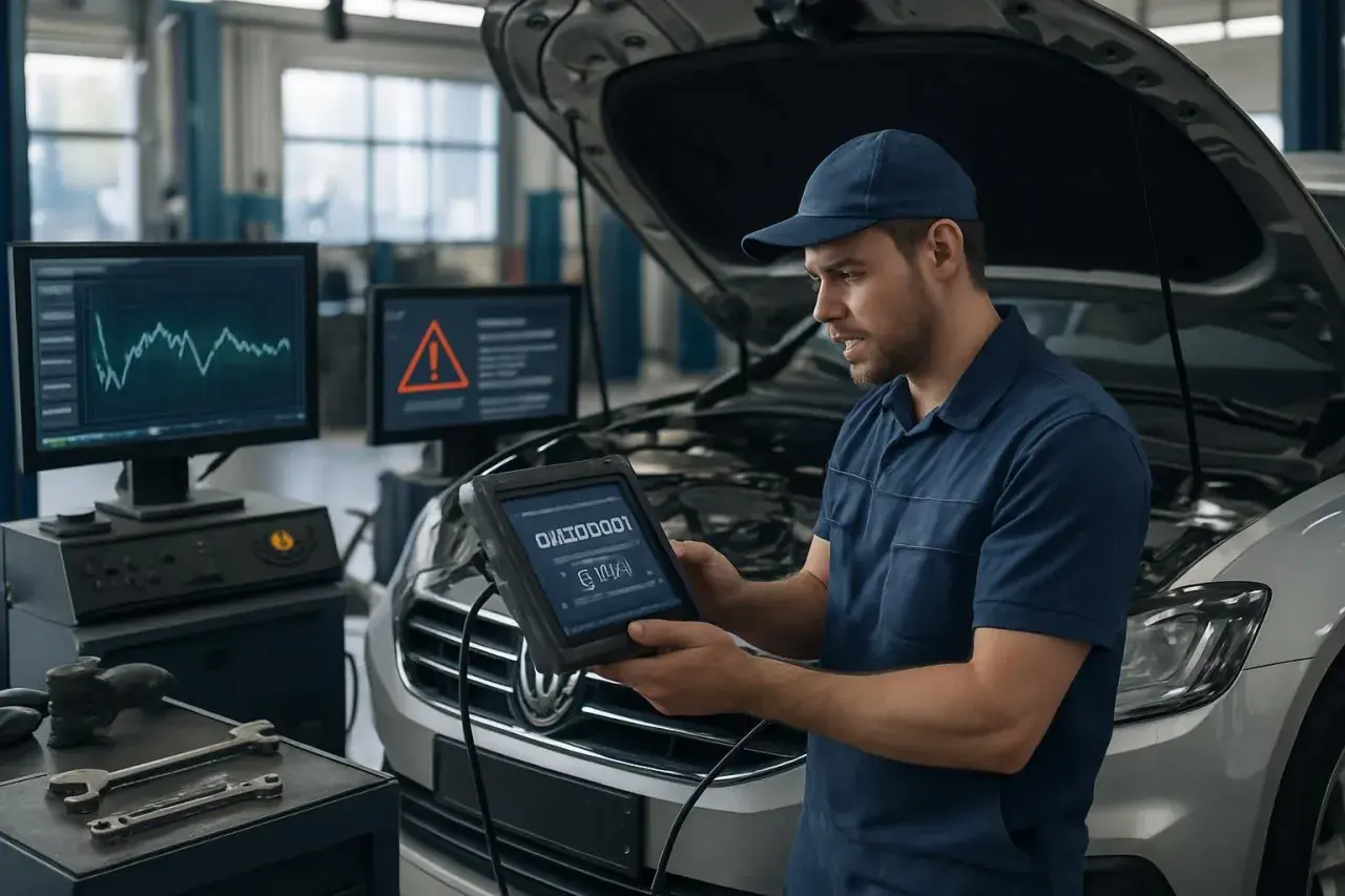 Mécanicien utilisant une tablette pour diagnostiquer une voiture. L'écran affiche des données et un symbole d'alerte, suggérant comment décrasser une voiture.