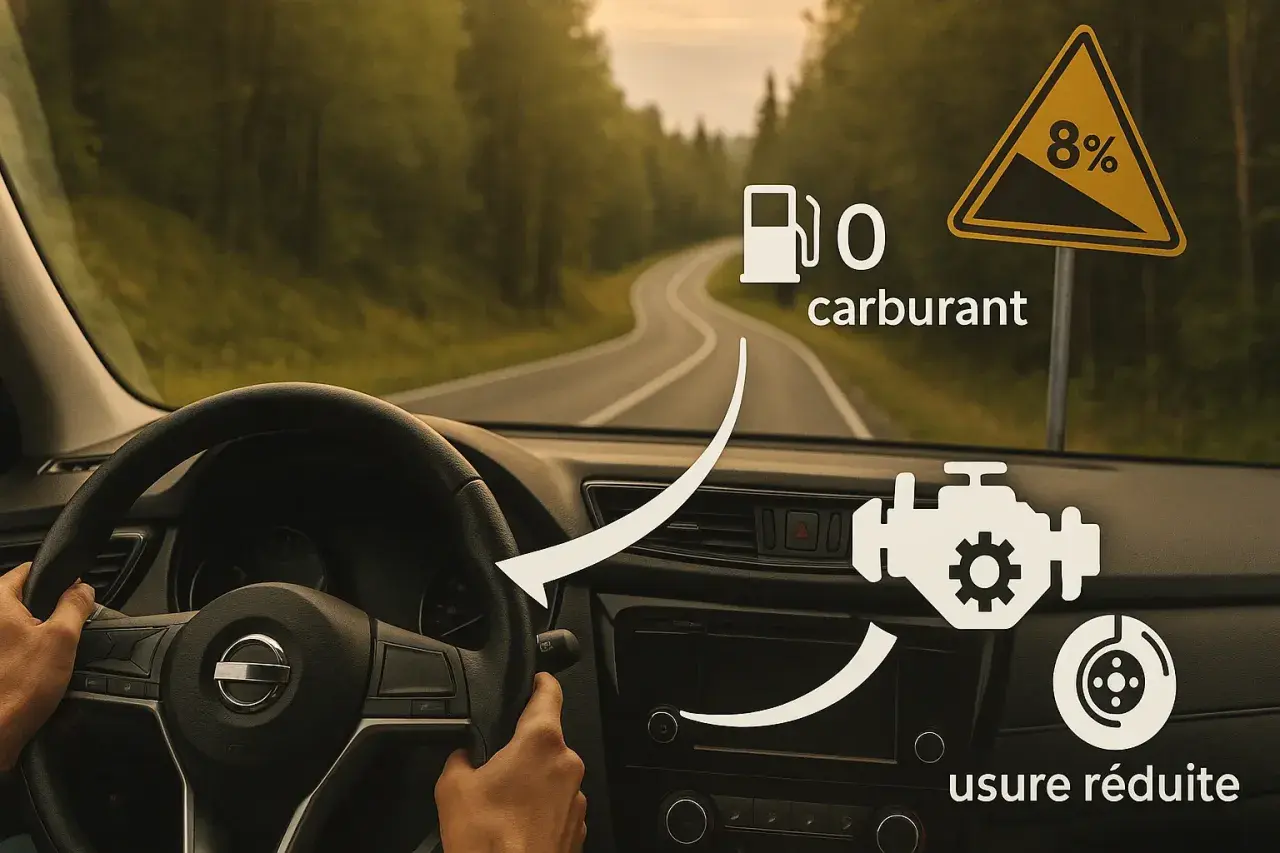 Conduite sur route sinueuse avec panneau de pente. Le frein moteur permet d'économiser le carburant et réduit l'usure des freins.