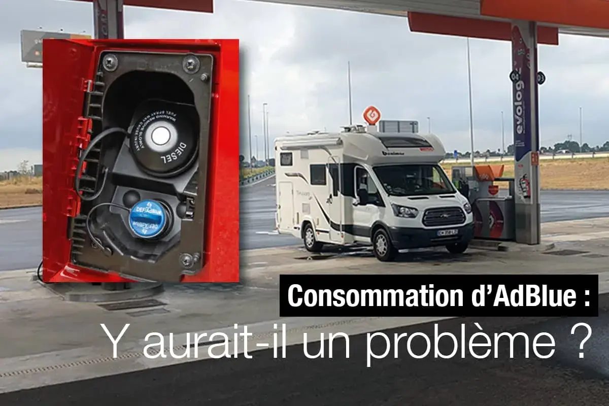 Un camping-car à une station-service, avec un gros plan sur le bouchon de remplissage d'AdBlue. La consommation d'AdBlue est-elle un problème ?