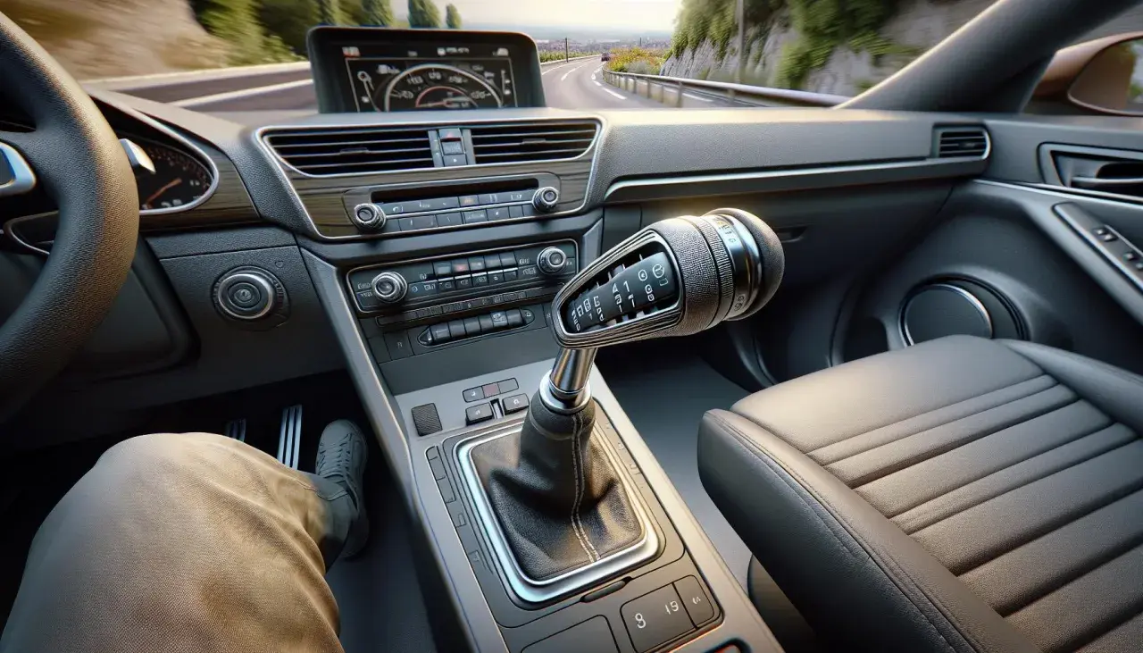 Vue de l'intérieur d'une voiture, le levier de vitesse est en position P, suggérant que le conducteur est sur le point de rouler avec le frein à main.