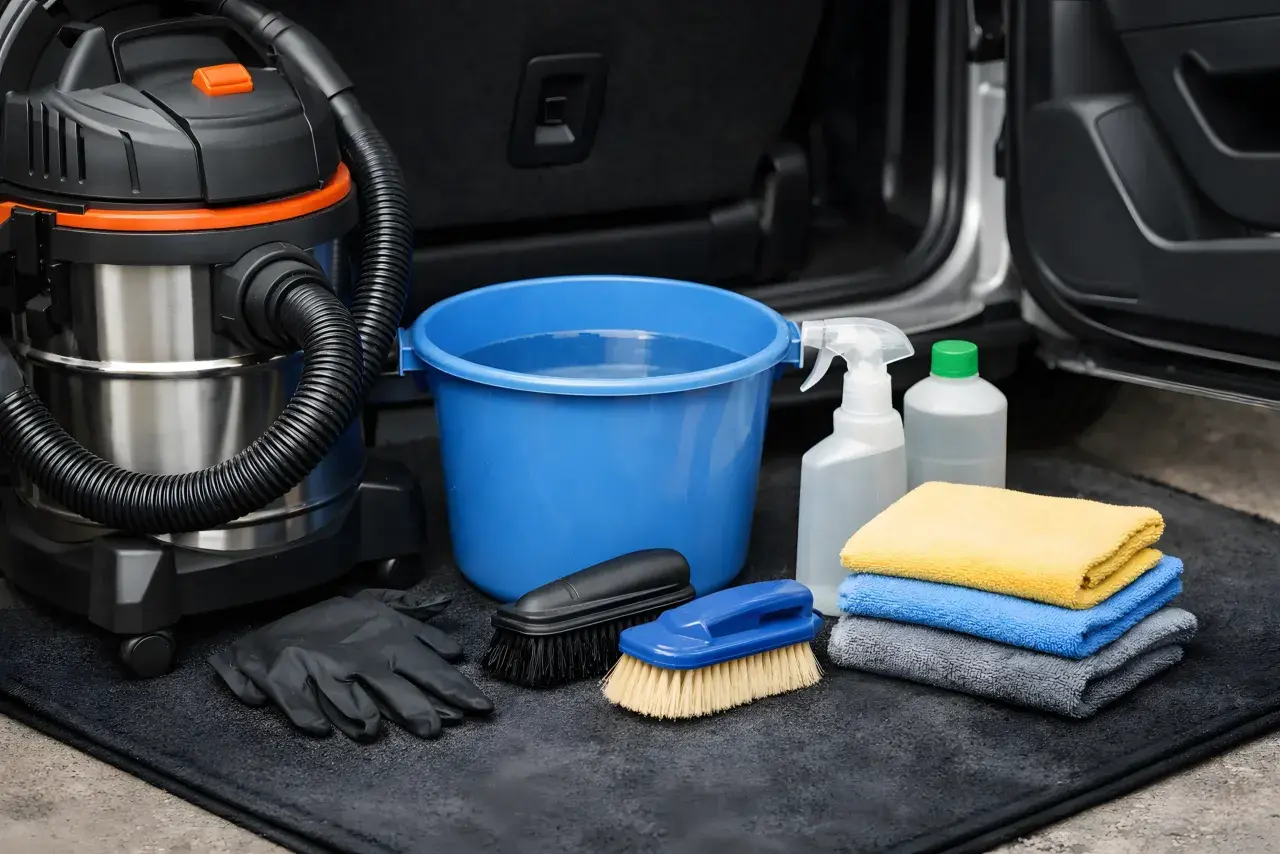 Kit pour nettoyer moquette voiture : aspirateur, seau d'eau, brosses, gants, spray et serviettes microfibres.