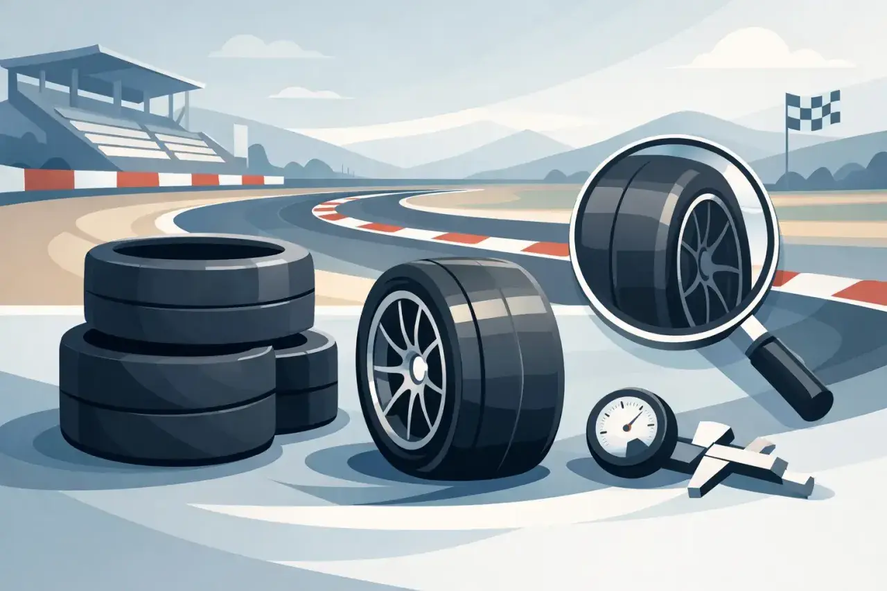 Piles de pneus slick sur une piste de course, avec une loupe examinant un pneu et un manomètre.