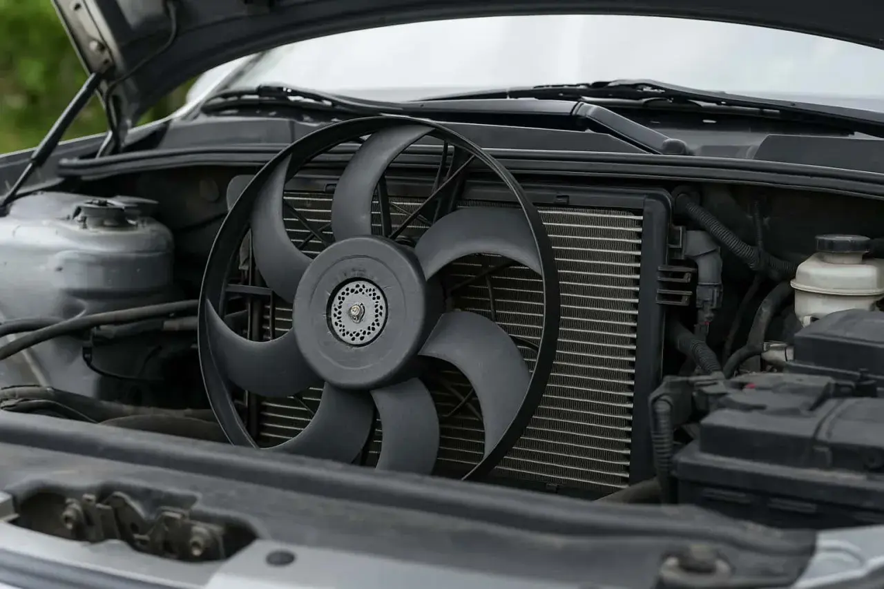 Le ventilateur de voiture est visible devant le radiateur, prêt à refroidir le moteur froid.