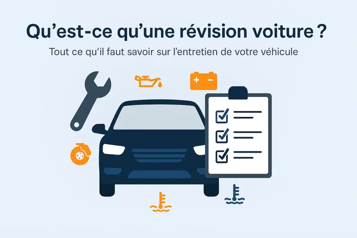 Illustration d'une voiture avec des icônes symbolisant l'entretien : clé, huile, batterie, freins, thermomètres. Une liste de contrôle est visible, rappelant l'importance de l'entretien voiture obligatoire.