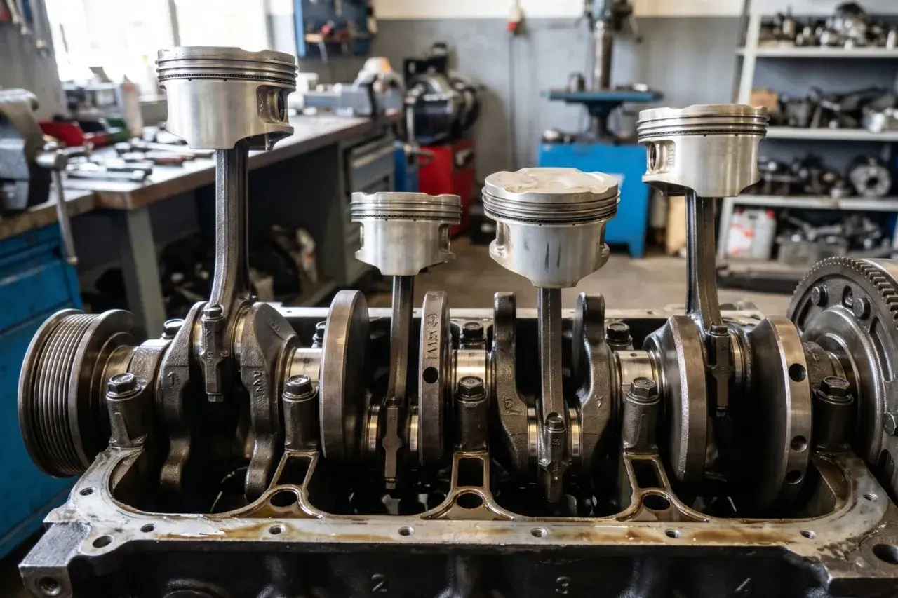 Un moteur démonté, avec ses pistons et bielles prêts à être installés dans le cylindre bloc. L'atelier mécanique est visible en arrière-plan.