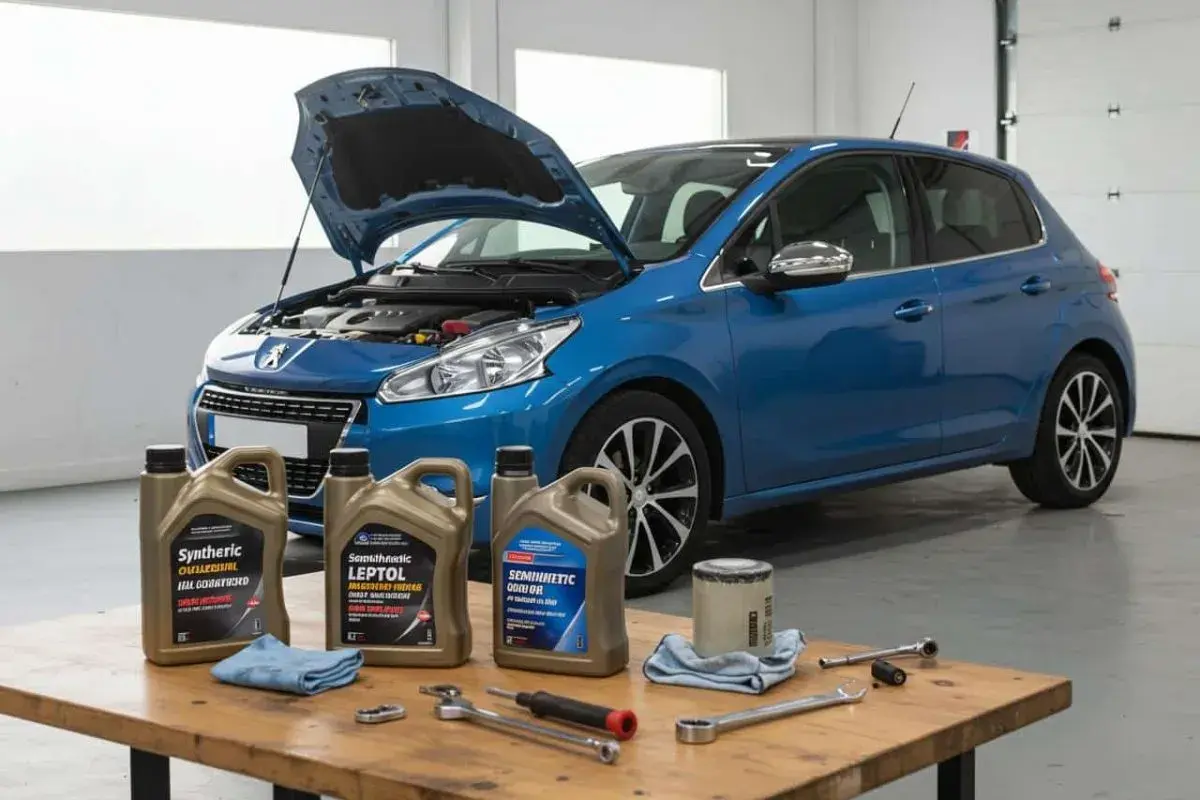 Huile moteur pour 1.6 HDI 90 : bidons, filtre et outils sur table devant une voiture bleue capot ouvert.