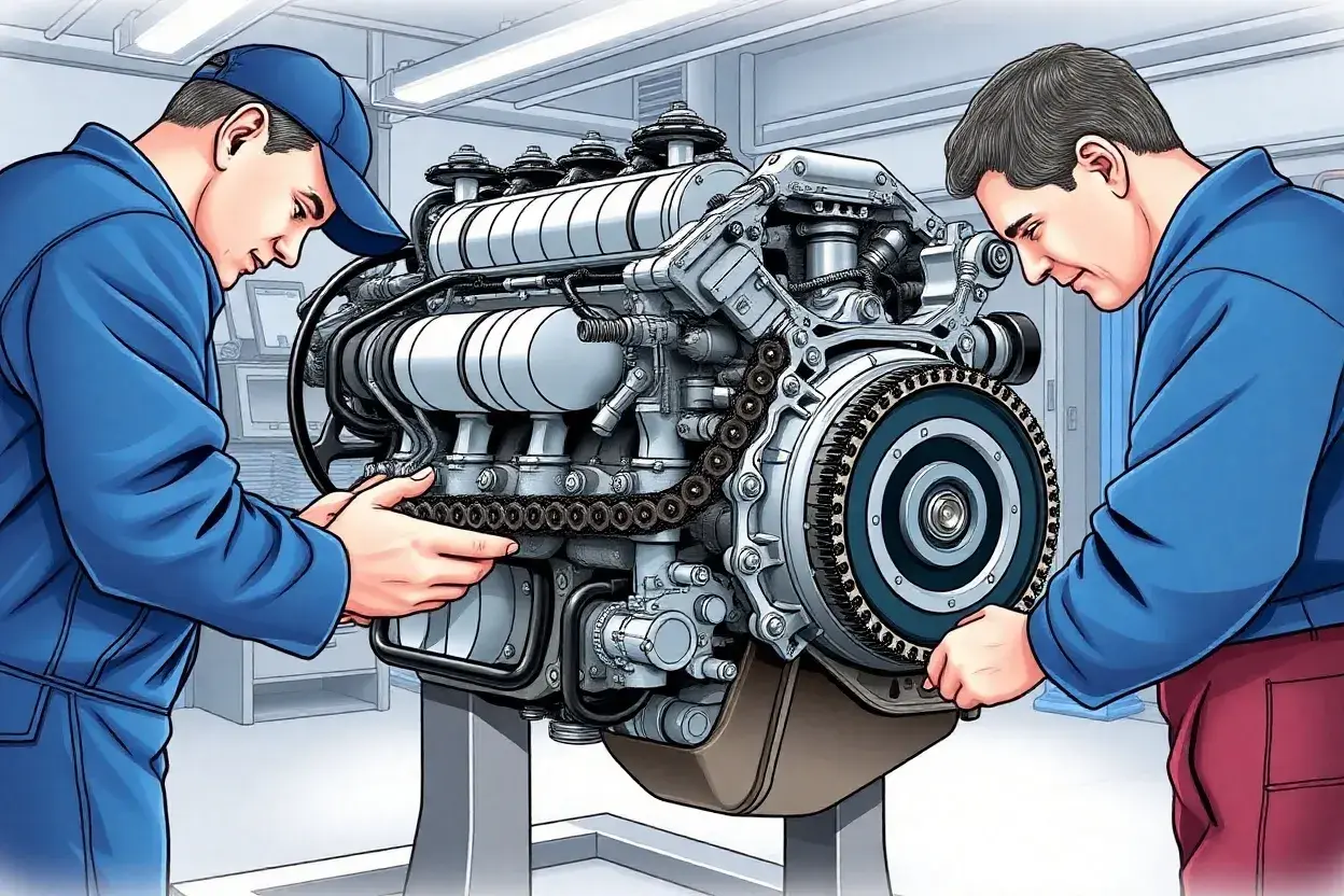 Mécaniciens travaillant sur la chaîne de distribution d'un moteur. Estimation du prix du remplacement chaîne de distribution 1.6 dci 130.