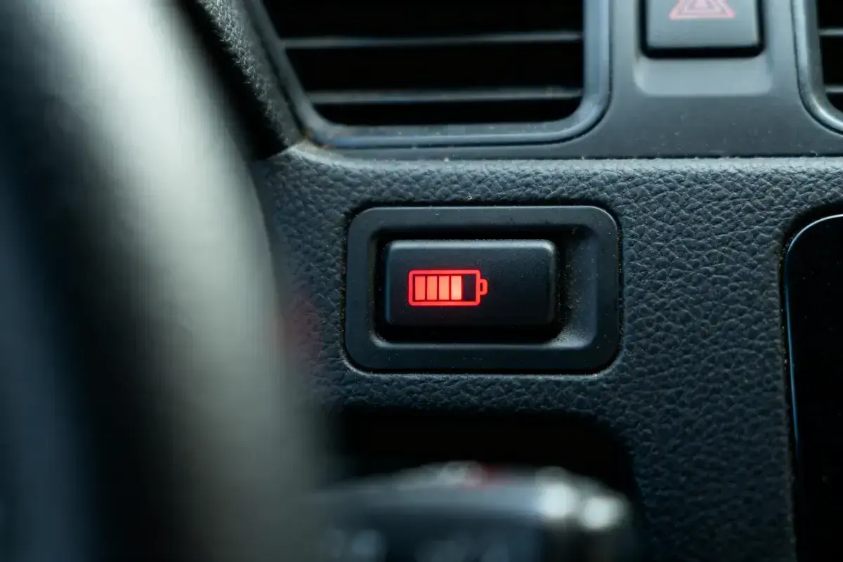 Voyant batterie rouge allumé sur le tableau de bord, indiquant un niveau de charge faible.