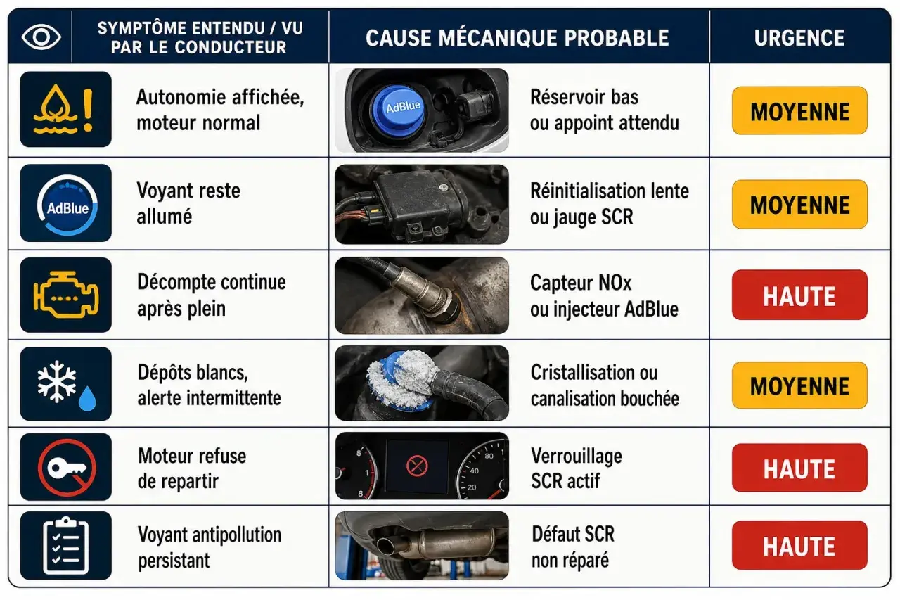 Tableau des symptômes liés à l'AdBlue : une fuite injecteur AdBlue peut causer des dépôts blancs ou un voyant antipollution persistant. Urgence haute.