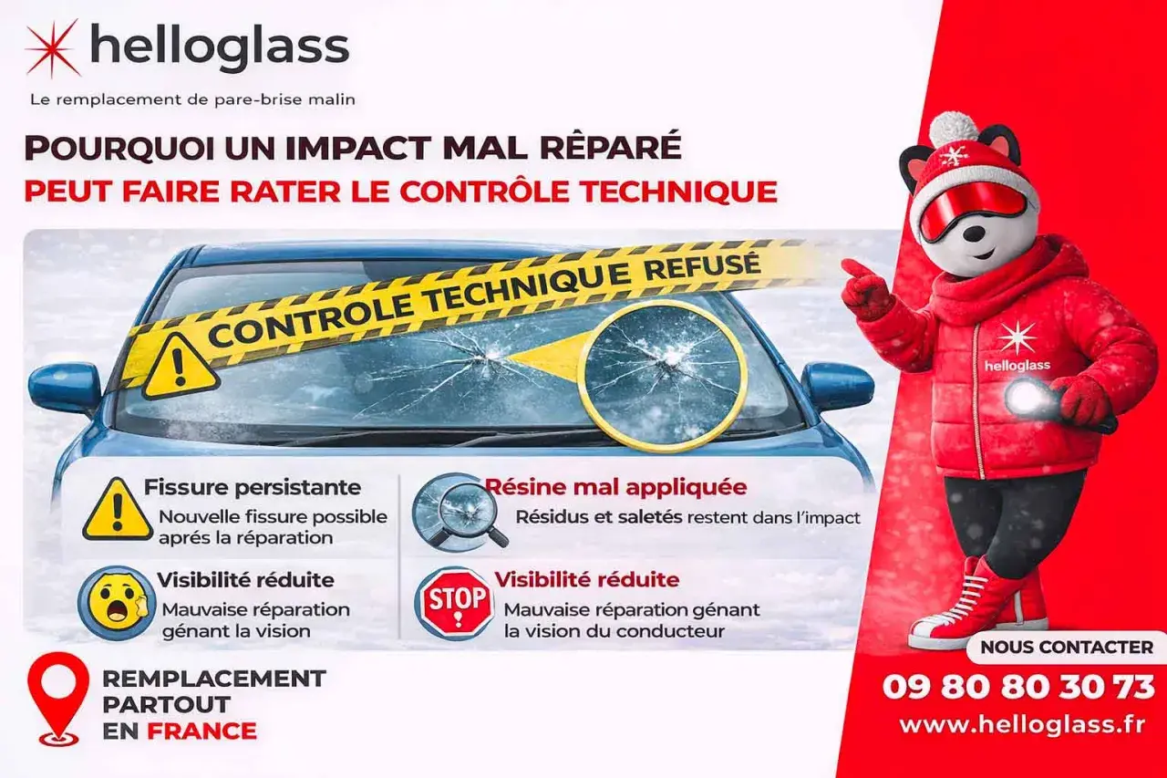 Un pare-brise fissuré mal réparé peut faire rater le contrôle technique. Helloglass propose le remplacement partout en France.