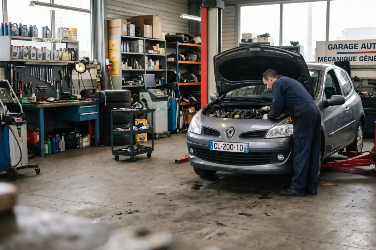 Mécanicien travaillant sur une Clio 3 dans un garage. Le capot est ouvert, révélant le moteur. Des outils et des pièces sont visibles sur les étagères.