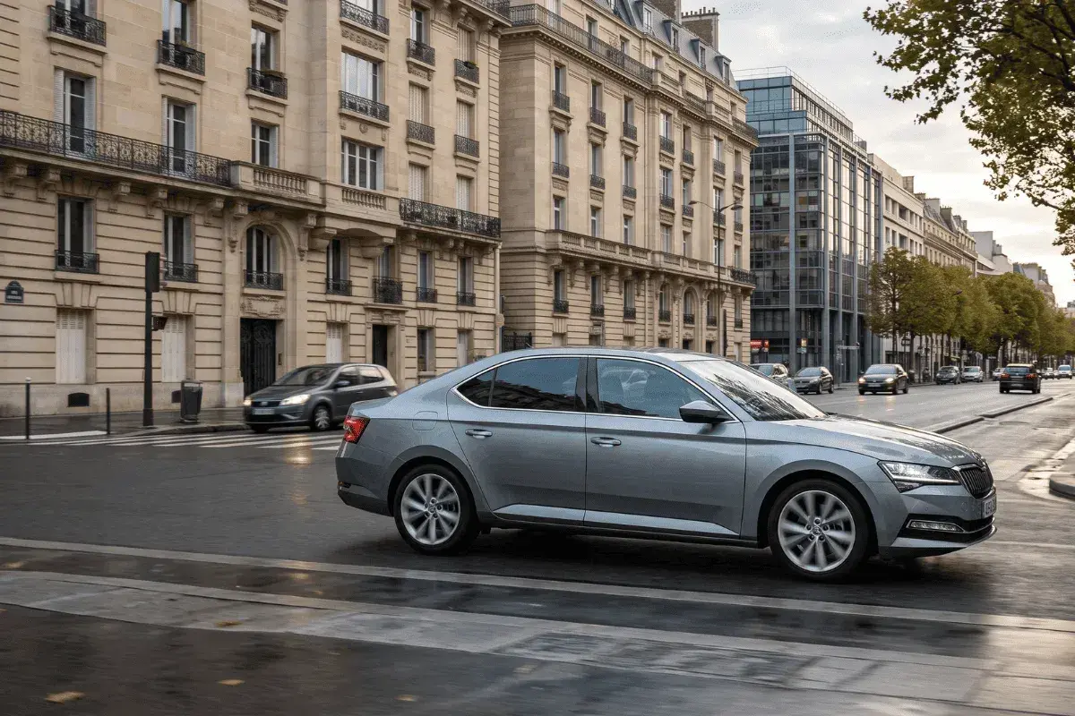Une voiture grise circule dans une rue parisienne bordée d'immeubles haussmanniens. Une question se pose : c'est quoi ZFE ?
