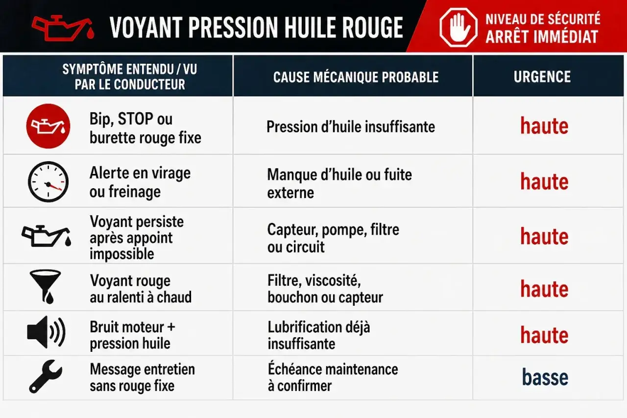 Tableau expliquant les causes et urgences du voyant **huile moteur rouge** : bip, alerte en virage, bruit moteur, etc. Urgence haute ou basse.