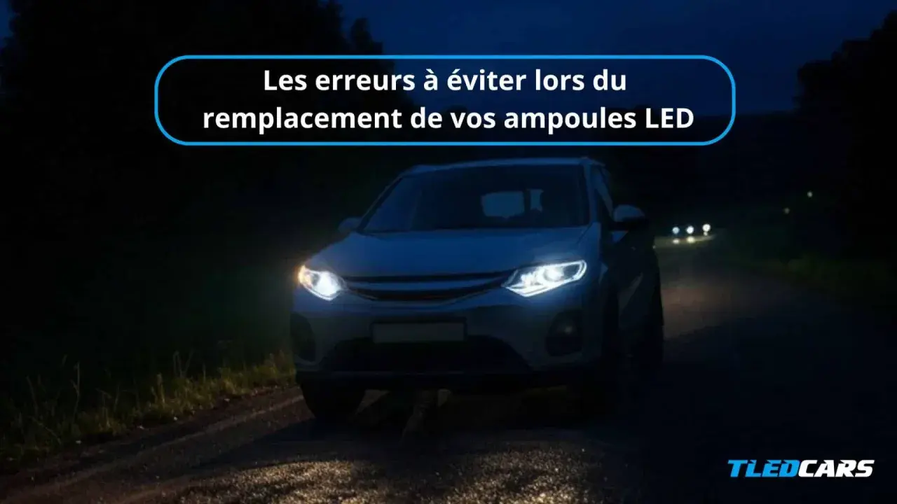 Une voiture avec des phares LED brillants sur une route sombre. L'installation LED voiture peut améliorer la visibilité nocturne.