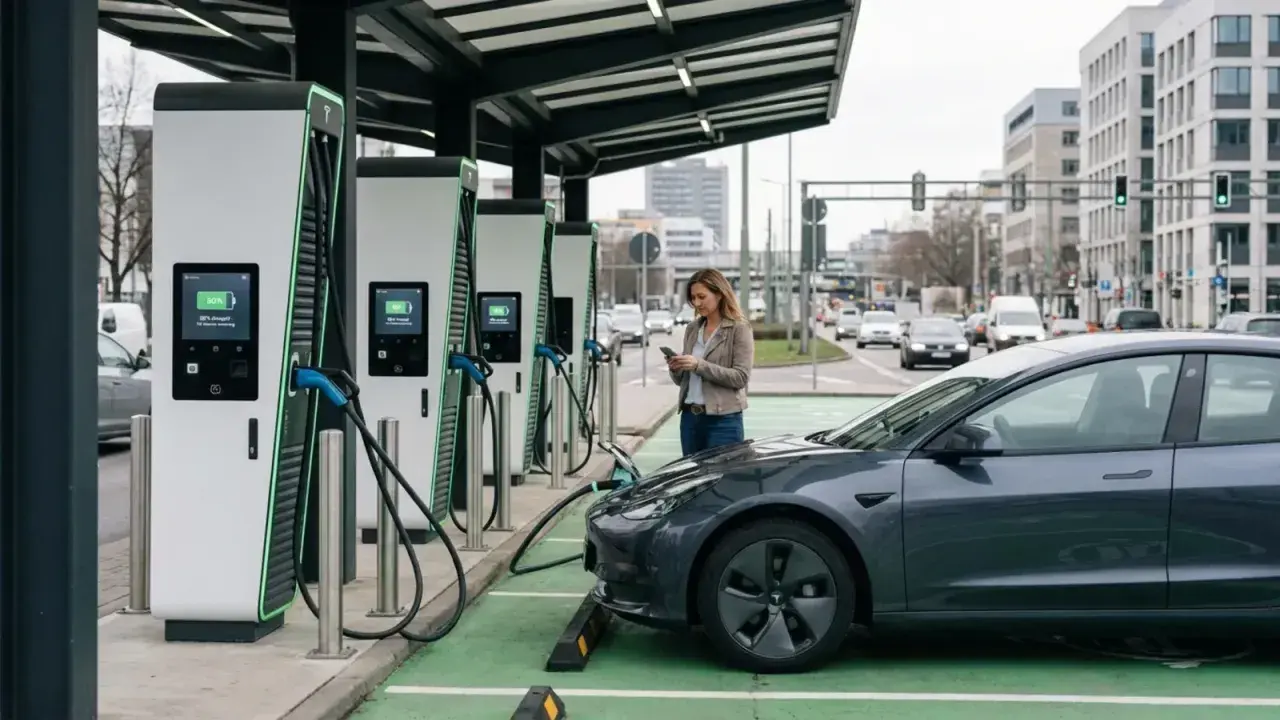 Une femme utilise son téléphone pendant que sa voiture électrique se recharge à une borne publique. Une solution pratique pour comment recharger une voiture électrique sans garage.