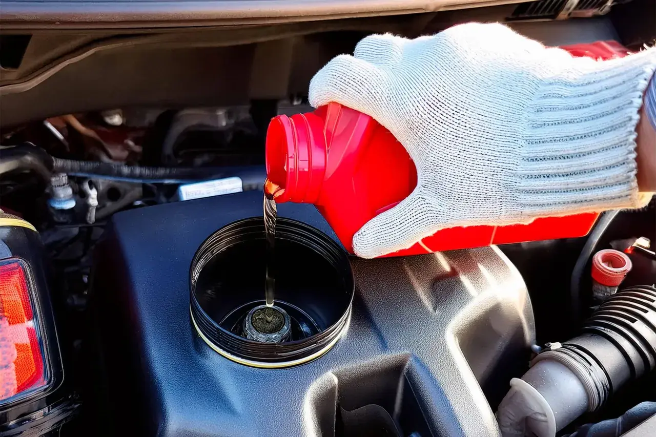 Maintenant, vous savez où se trouve le liquide de frein de votre Mini Cooper. Une main gantée verse le liquide d'un bidon rouge dans le réservoir.