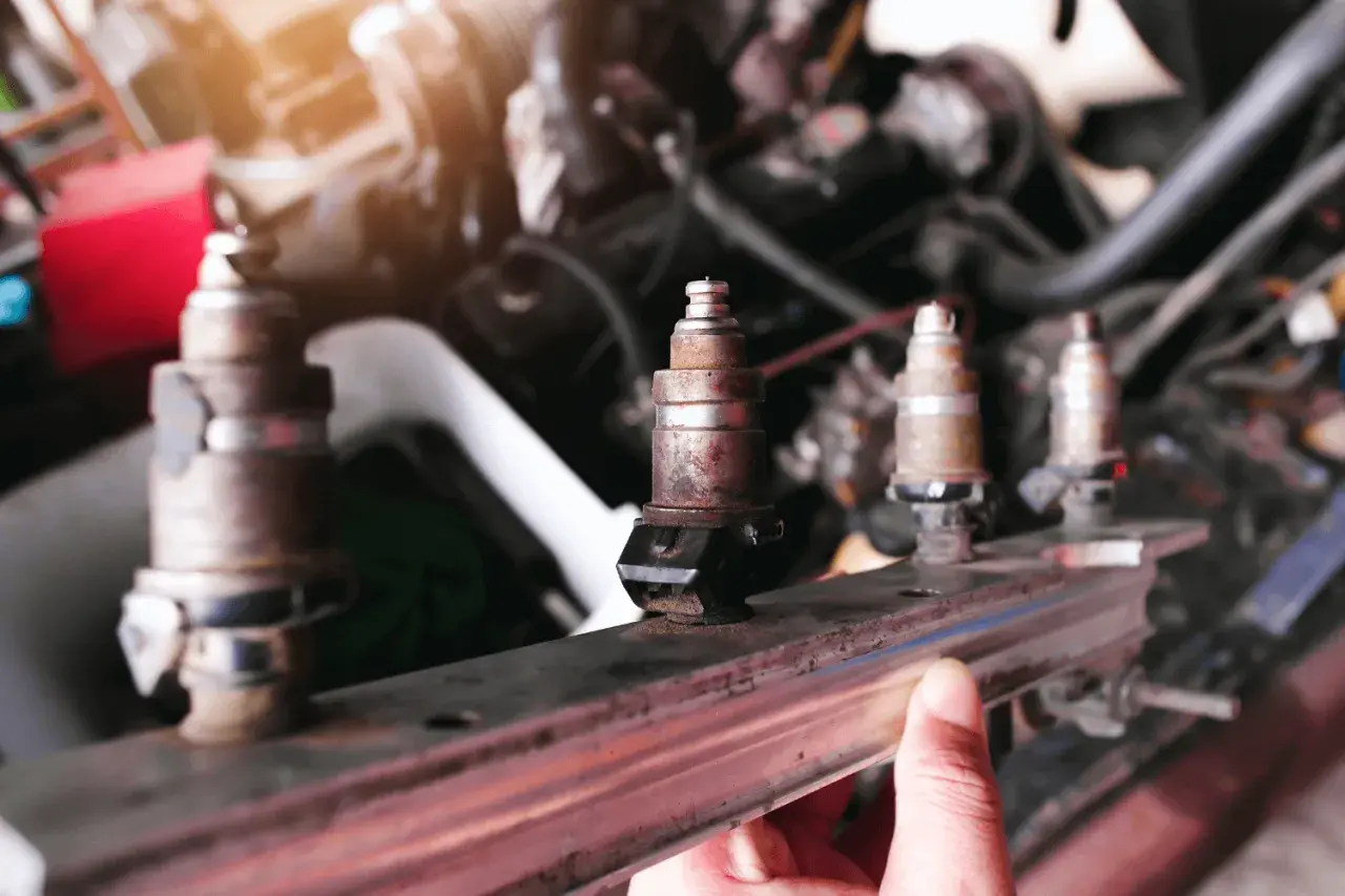 Un mécanicien examine un injecteur qui claque, rouillé et usé, prêt à être remplacé dans le moteur d'une voiture.