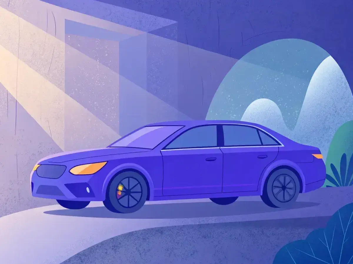 Une voiture violette, une voiture qui ne démarre pas, est garée sous des rayons de lumière dans un décor stylisé.