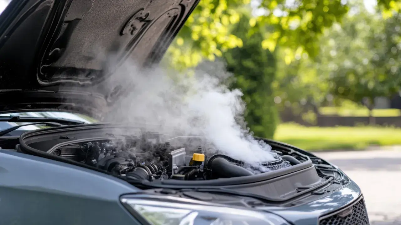 La voiture qui chauffe en roulant émet une épaisse fumée blanche du capot ouvert. Le moteur est visible sous la vapeur.
