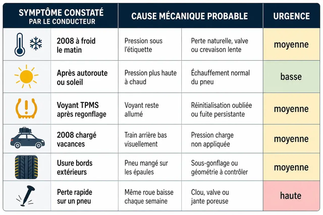 Tableau des symptômes de pression pneu voiture : froid, chaud, voyant TPMS, charge, usure, perte rapide. Causes et urgence associées.