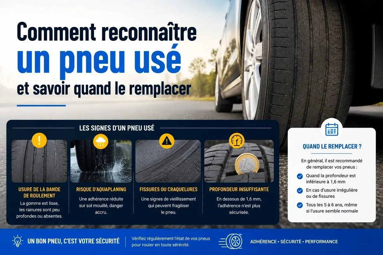 Un pneu usé sur le flanc, avec des fissures et une profondeur insuffisante, indique qu'il faut le changer pour garantir votre sécurité.