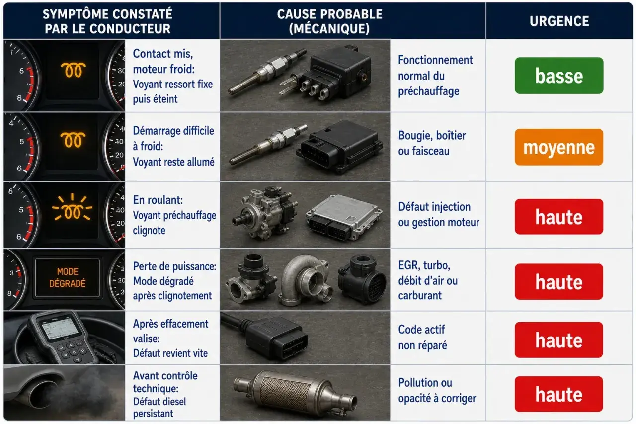 Tableau des symptômes de panne d'une voiture qui s'éteint en roulant diesel, avec causes et urgence.
