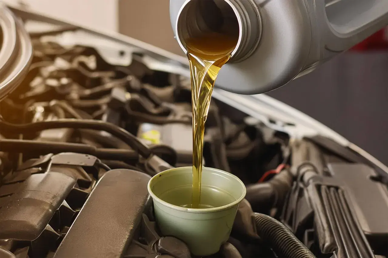 Huile neuve versée dans un entonnoir pour la vidange d'une Polo 6. Le moteur est visible en arrière-plan.