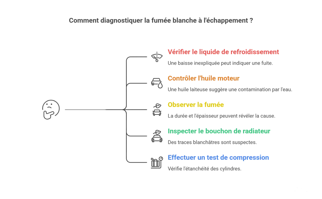 Diagnostic de la fumée blanche d'une voiture : vérifier le liquide de refroidissement, l'huile moteur, observer la fumée, inspecter le bouchon de radiateur et tester la compression.