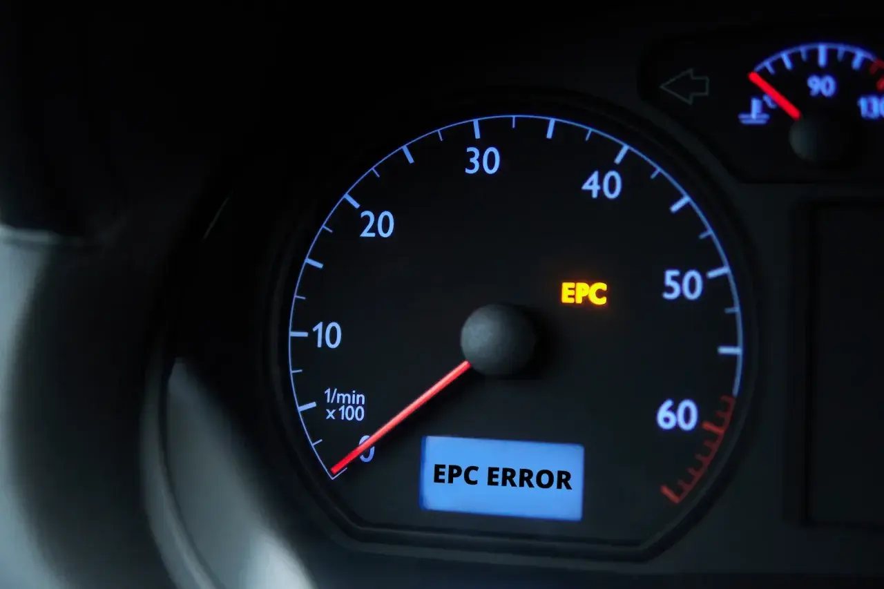 Tableau de bord d'une Volkswagen avec le voyant EPC allumé, indiquant une erreur.