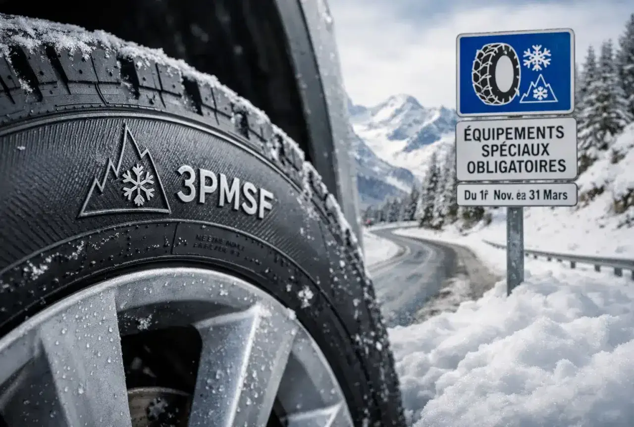 Pneu 3PMSF sur route enneigée. Panneau "Équipements spéciaux obligatoires" rappelant les départements pneus neige obligatoire.